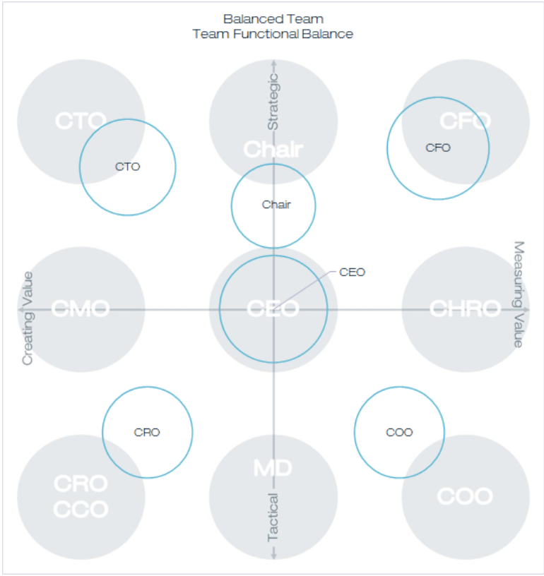 Quadrant chart showing a leadership team that has functional balance from LeadershipDynamics.io